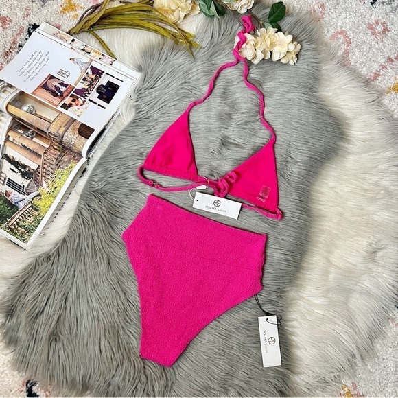 NEW Poema Raspberry Crush Triangle Top High Rise Bottom Bikini Swim Set Sz S - Picture 5 of 9